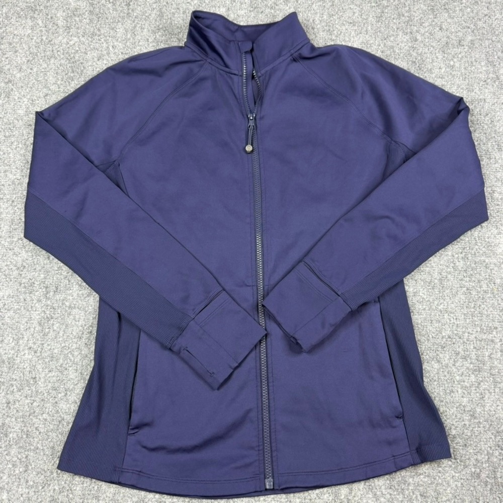 Greyson Full Zip Jacket Women XL Navy Blue Thumbhole Mock Neck Athleisure FLAW